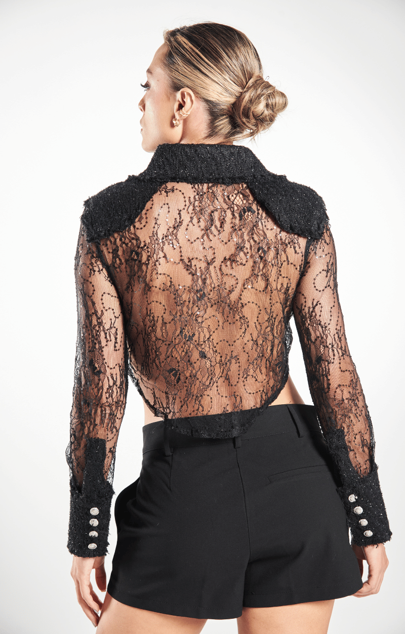 Blusa Manga Larga en Tela Chanell y Transparencia Seta