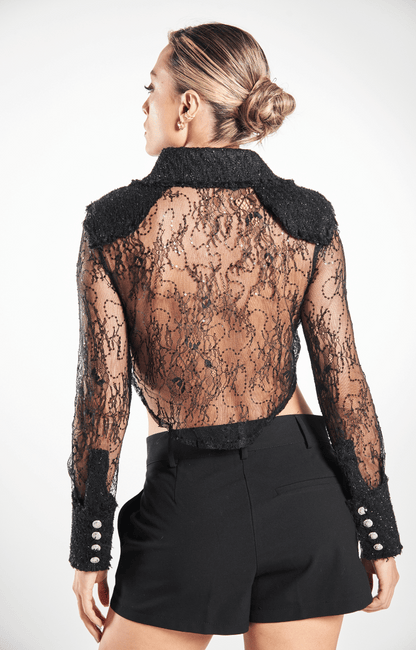 Blusa Manga Larga en Tela Chanell y Transparencia Seta