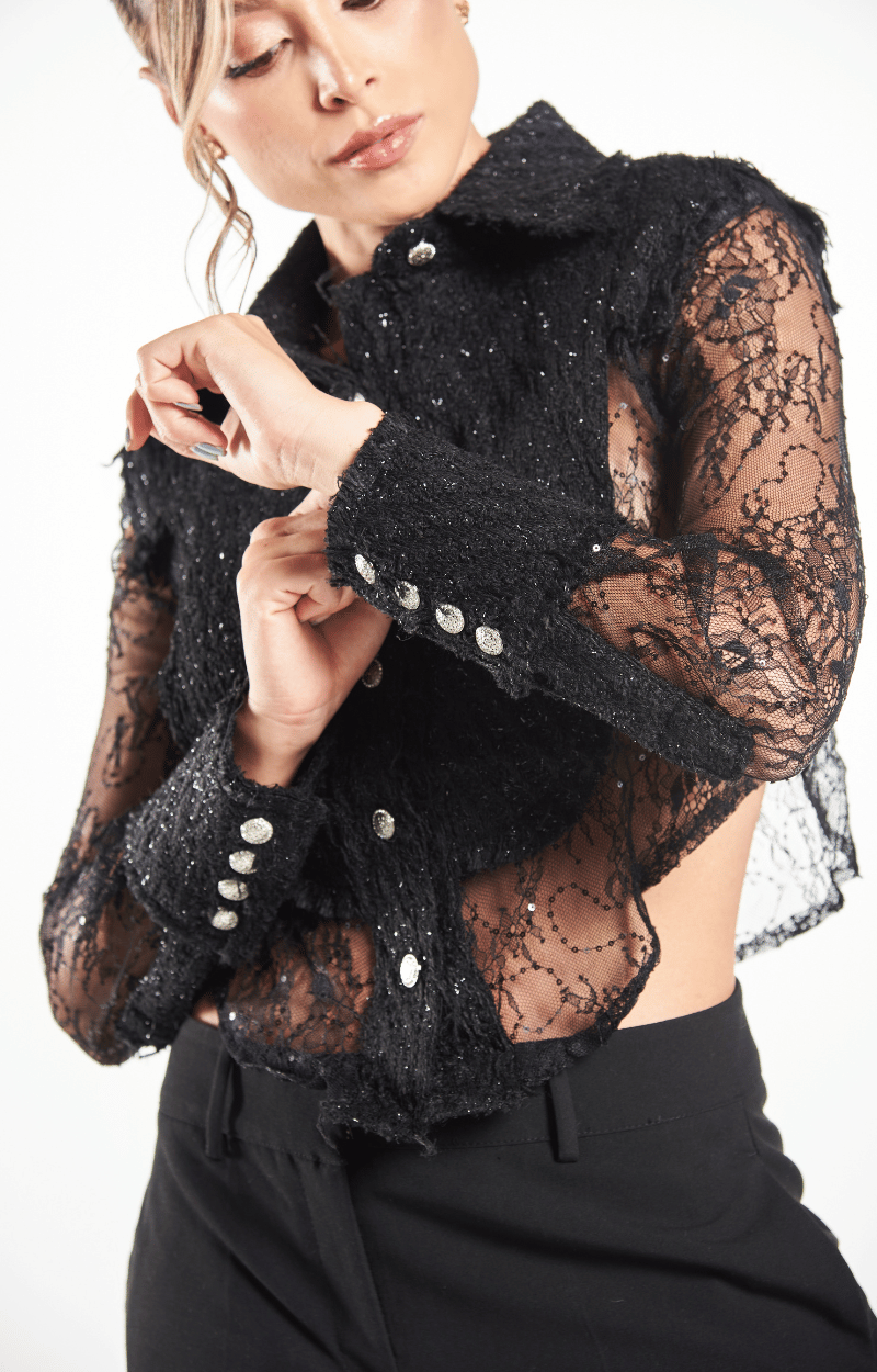 Blusa Manga Larga en Tela Chanell y Transparencia Seta