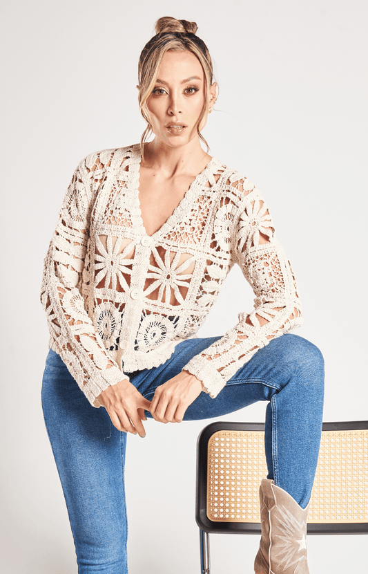 Blusa Tejida Tipo Crochet Manga Larga y Botones Tenesse