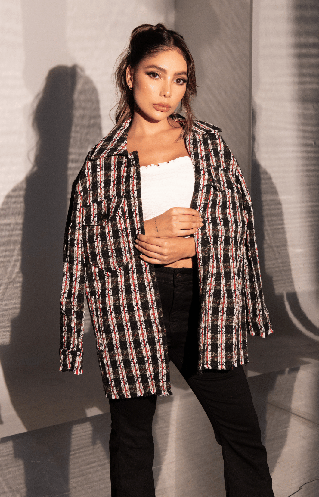 Chaqueta con Estampado de Cuadros Bolsillos Frontales